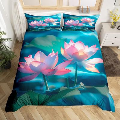 Lotus Duvet Cover Water Lily Bedding Set Lotus Leaf Quilt Cover Summer Theme Print Comforter Cover for Girl Women Twin King