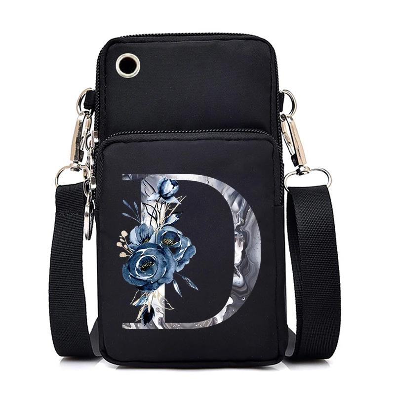 Blue Roses Alphabet Print Small Shoulder Bag 26 Letters Mini Crossbody Phone Bag for Women