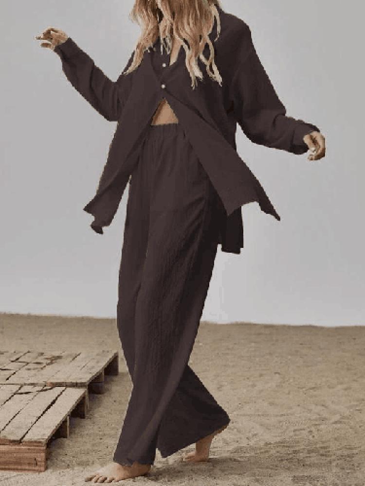 Jarní Elegantní Volný Módní Jednobarevný Outfit Dámské Košilové Obleky Dlouhý Rukáv Klopový Límec Košile A Elastické Kalhoty s Vysokým Pasem 2dílný Set