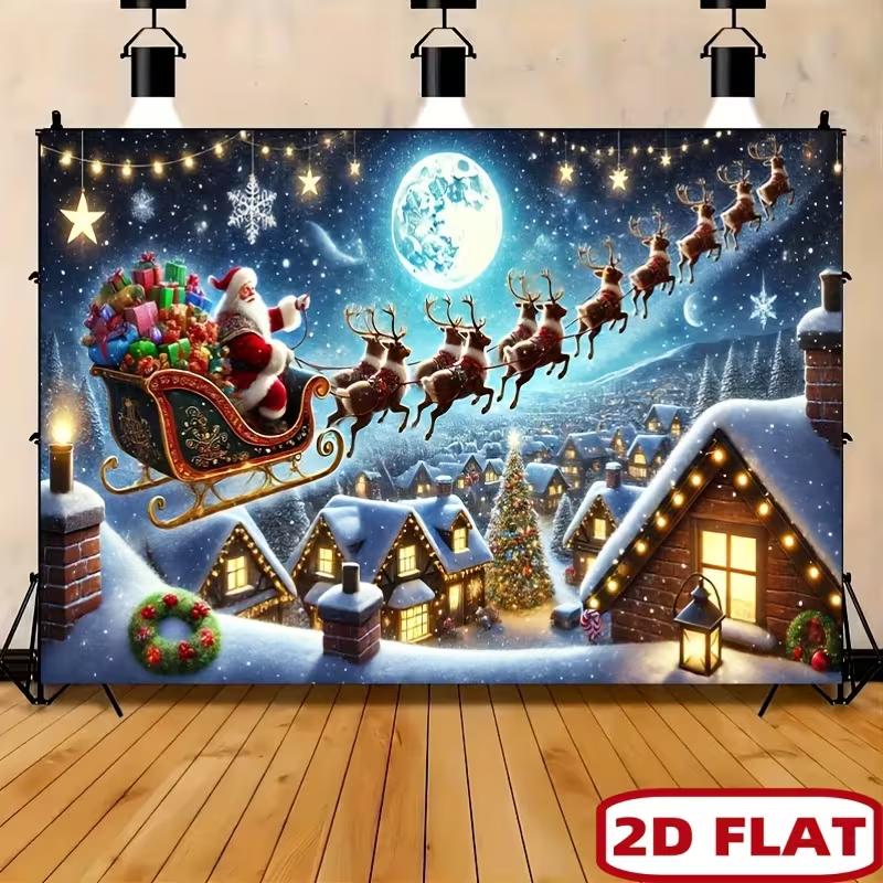 

2D Christmas Santa Sleigh Party Backdrop, Winter Snow Village Background 47.2x31.5inch/120*80cm