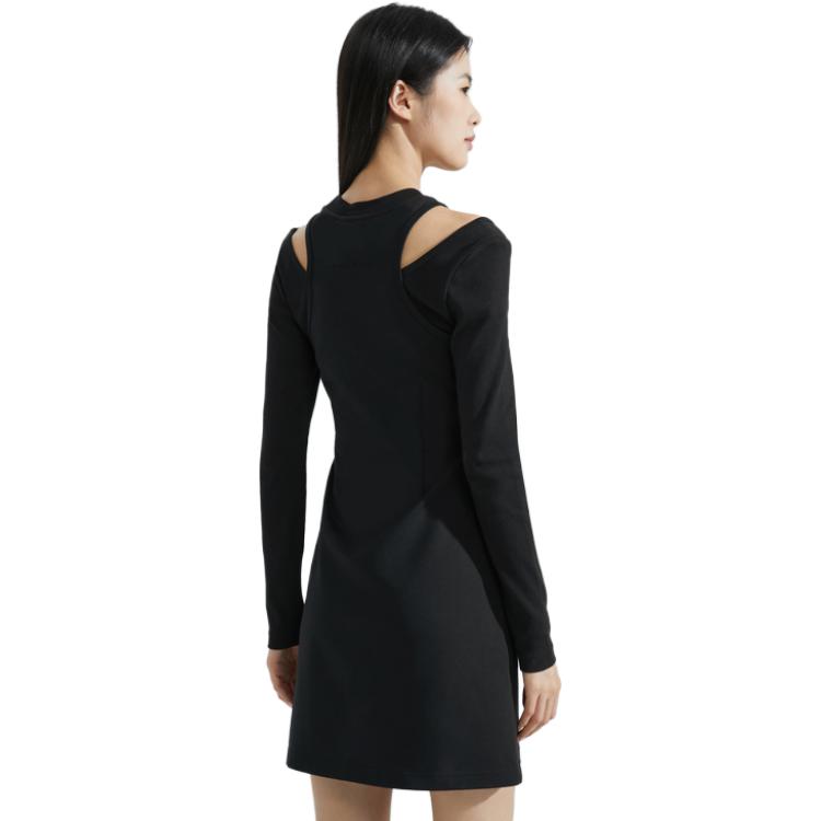 Calvin Klein Solid Color Embroidered Letter Off-Shoulder Long Sleeve Dress Women Dresses Space-Black J222324-BEH