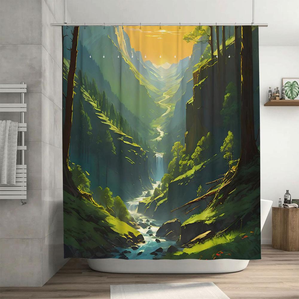 Vivid Green Forest Shower Curtain Nature River Landscape Design For Bathroom Decorations Waterproof Fabric Material 180 X 240Cm