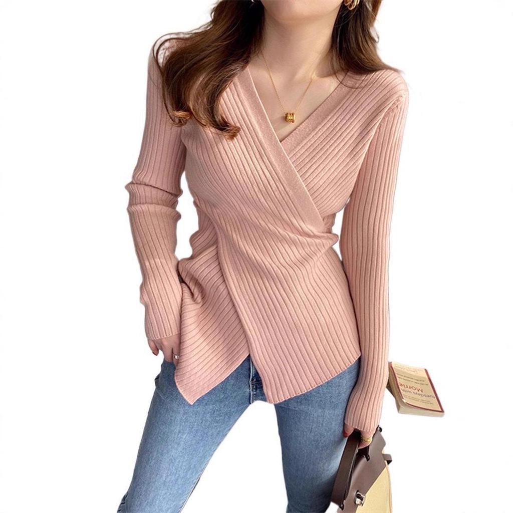 Women's V-Neck Irregular Knit Long Sleeve Sweater - Slimming Autumn Fashion Top
