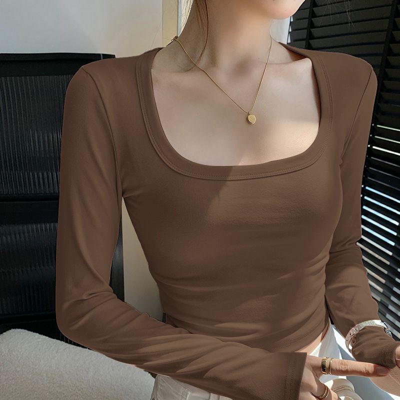 Women's White Square Neck Long Sleeve Slimming Top – Sexy Autumn Base Layer