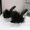 Women Summer 14cm High Heels 4cm Platform Slides Crystal Mules Lady Transparent Fur Slippers Extreme Clear Heels Sexy Shoes