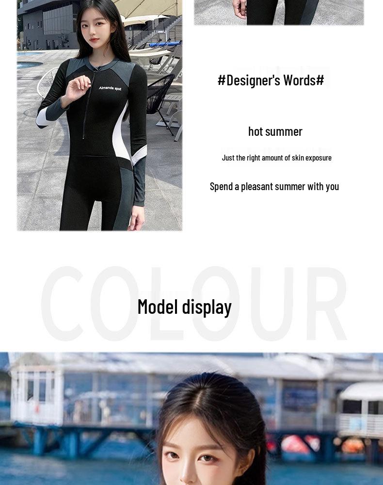 Sportlicher Langarm-Einteiler für Damen mit Sonnenschutz, Schlankmachendem Design und Patchwork für Surfen und Tauchen.