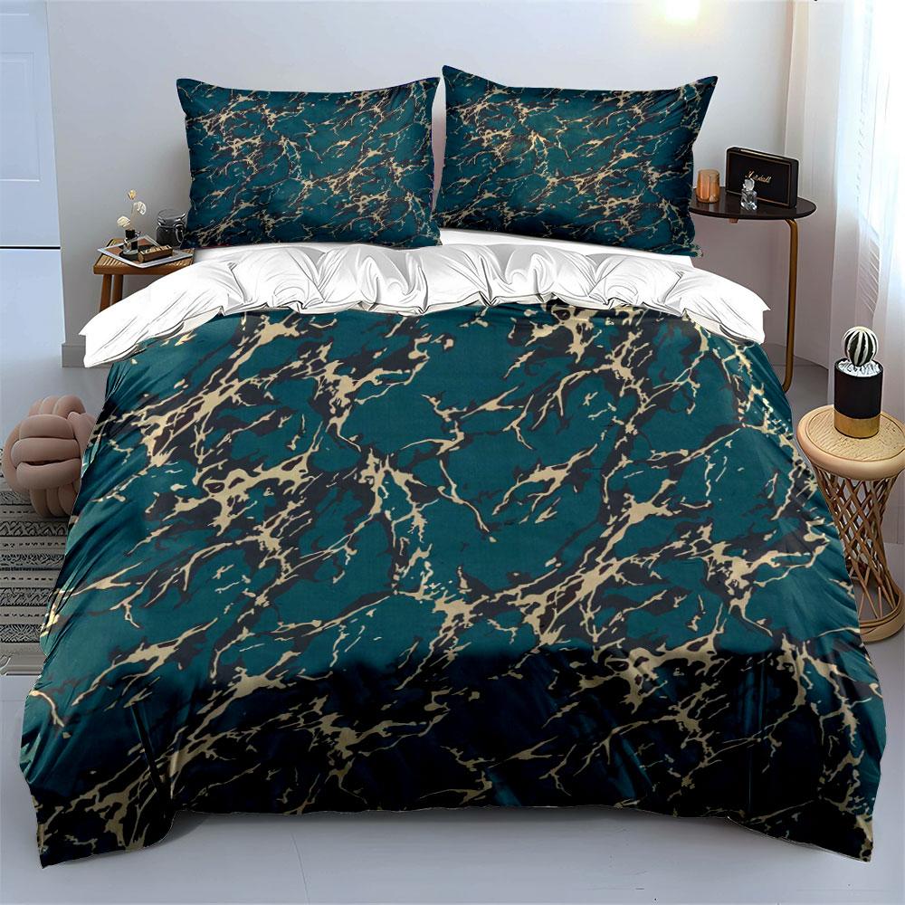 3Pcs Teal Marble Pattern Bedding Set, Abstract Fluid Print Duvet Cover + 2 Pillowcases, Modern Decor