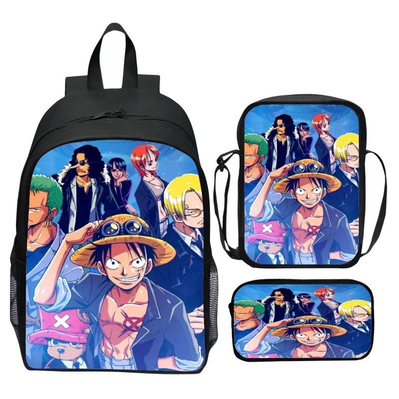 Set Zaino 3 Pezzi Stampato One Piece Cartone Animato Pirata Blu Marinaio Zaino Scuola Elementare Grande Capacità Resistente all'Acqua Zaino per Bambini