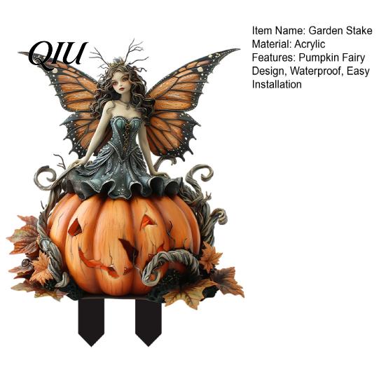 Festive Garden Stake Pumpkin Fairy Stake, 2D Acrylic Butterfly Wing Yard Art Waterproof Outdoor Halloween Decoration for Lawn Patio