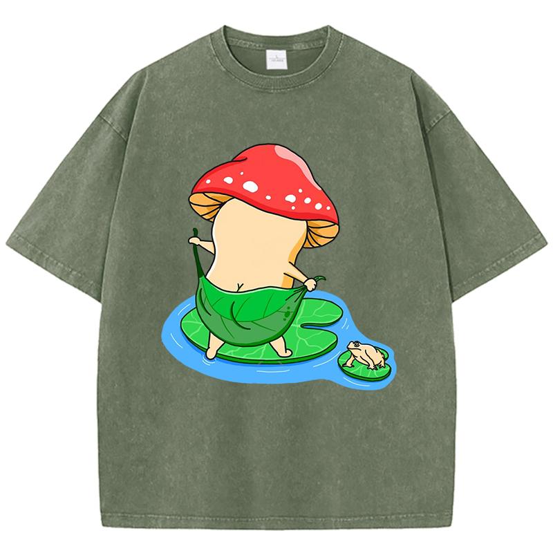 Bath Mushroom Cartoon Printing Women Washed T Shirt Cotton Oversized T-Shirt Casual  Top Summer Soft Streetwear