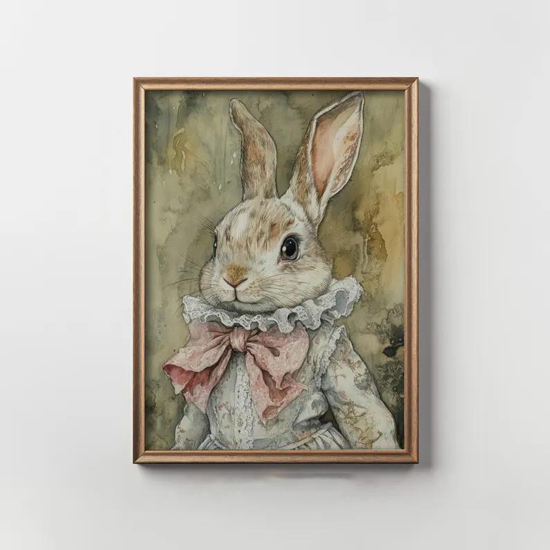 Spring Prints, Set of 6 Spring Gallery Wall Art,Vintage Easter Bunny Painting, Farmhouse Easter Paintings,Farmhouse Poster Decor