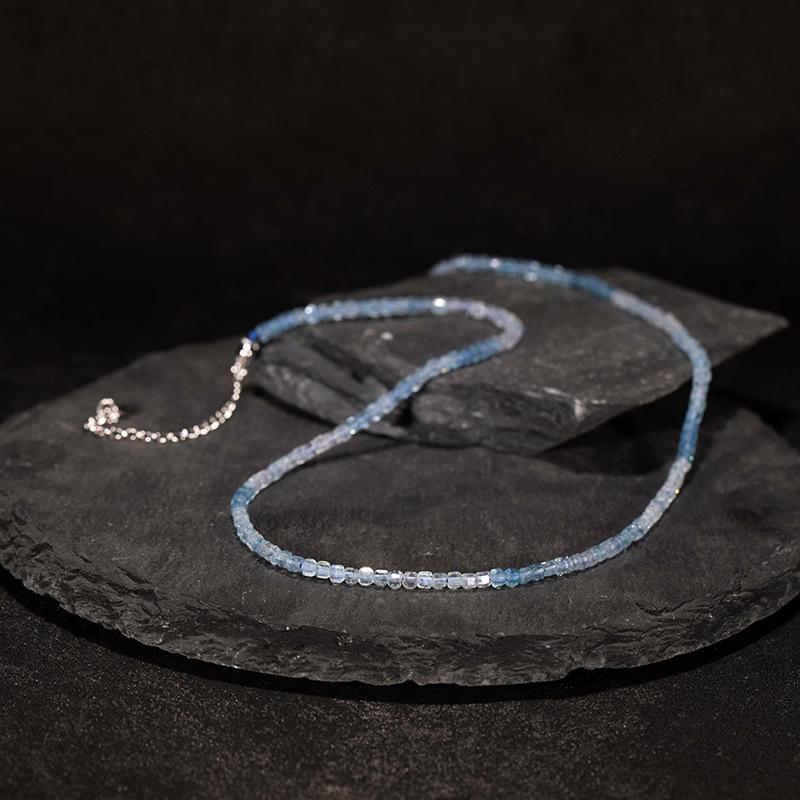 S925 Sterling Silver Colored Jewelry Natural Aquamarine Beaded Necklace Female Xiaohongshu Wechat Channels