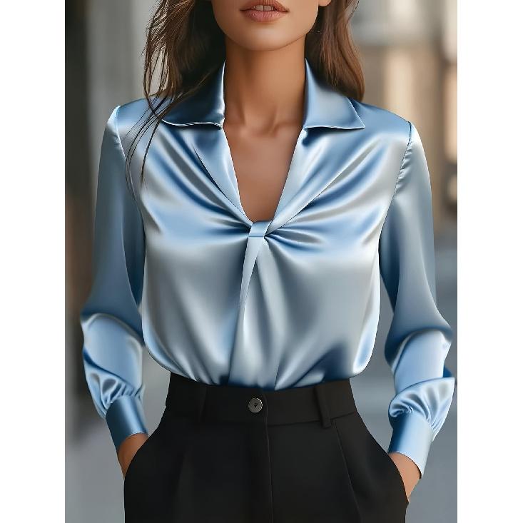 

Европейская и американская трансграничная рубашка из прохладного атласа в французском стиле с длинным рукавом, деталью-завязкой и небольшим V-образным вырезом S светло-синий