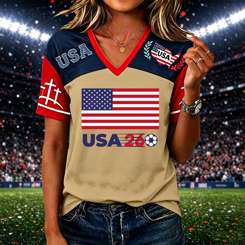 Womens Casual Short Sleeve Soccer Print V Neck Pullover Top Lightweight Breathable Soft Fabric Comfortable Fit