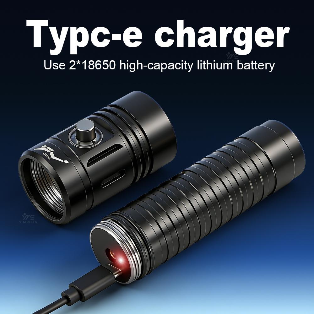 50M Professional Diving Torch IPX8 Waterproof USB C Rechargeable LED Flashlight 18650 Wrist Strap Underwater Scuba Diving Light