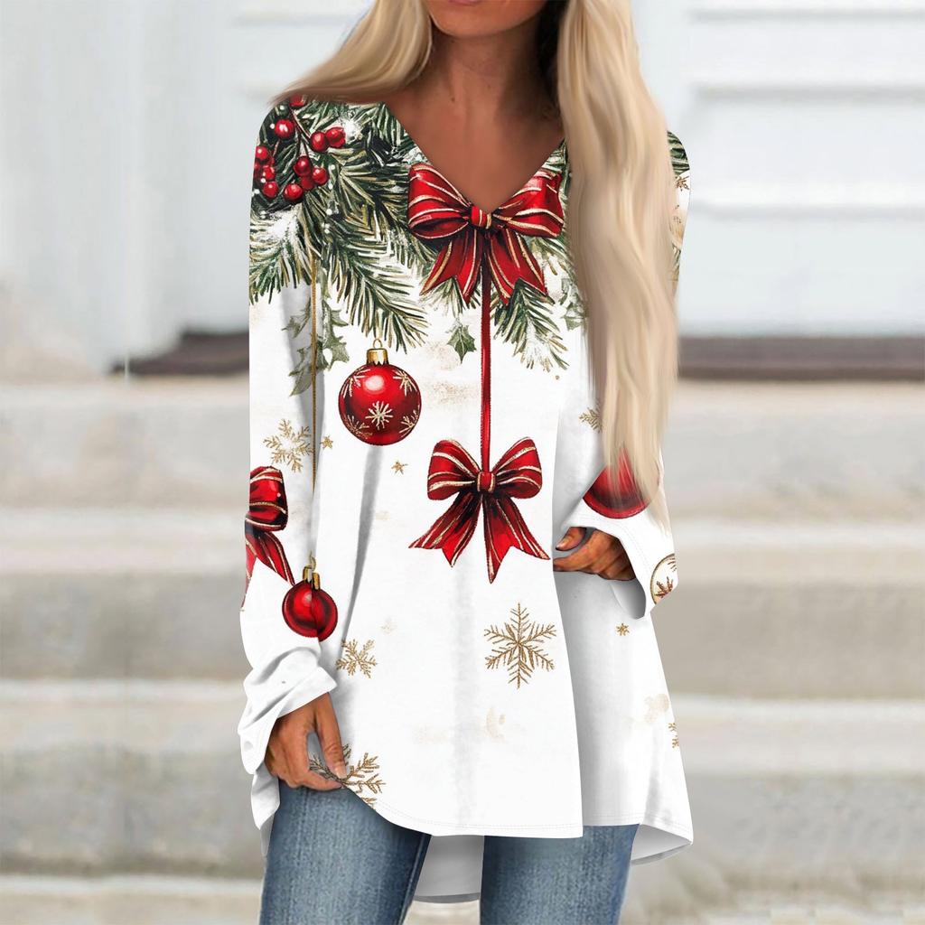 Women's Casual Long Sleeved V-neck Floral Print Long Loose T-shirt Top