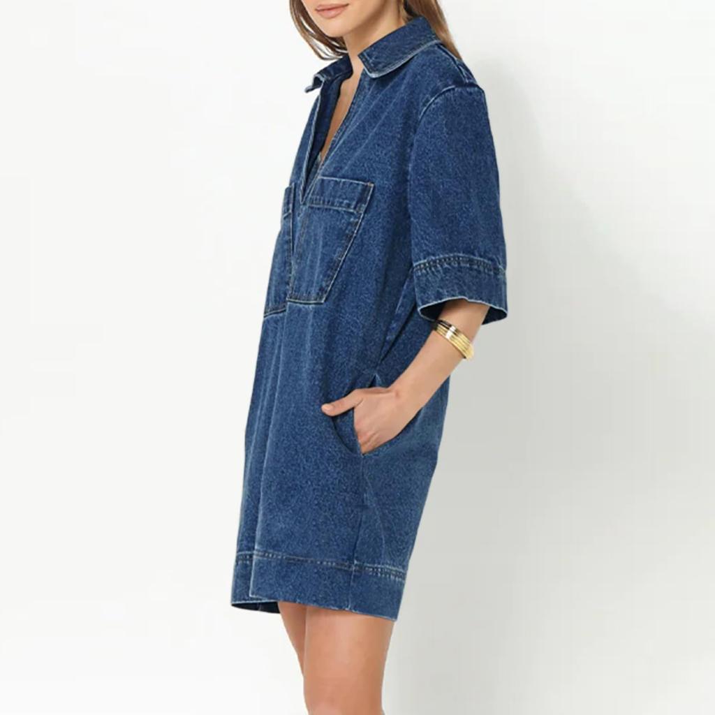 Womens  Denim Dress Summer Deep V Neck Half Sleeve Collared Loose  Jean Dress With Pockets