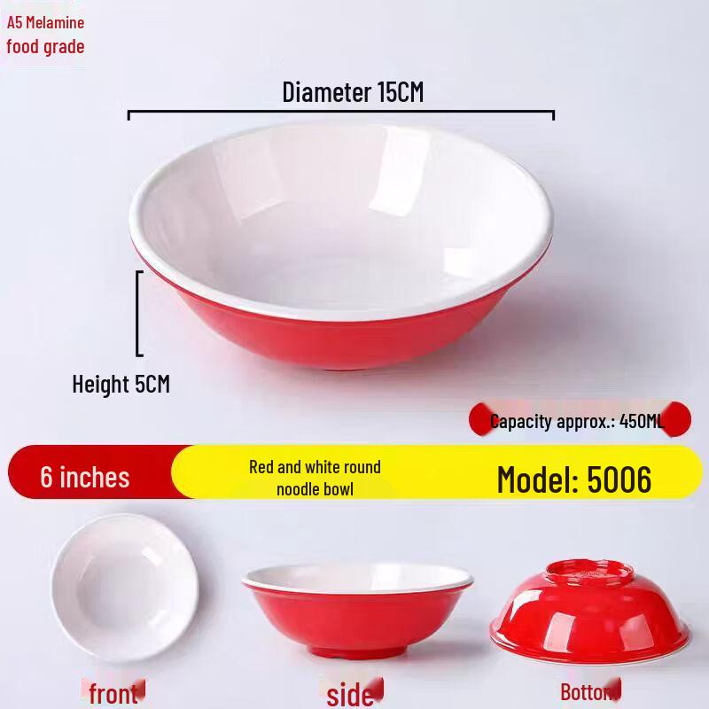 6-inch Red & White Melamine Round Noodle Bowl