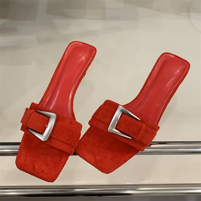 Fashion Eilyken New Summer Square Toe Women Slippers Fashion Buckle Strap Low Heels Banquet Party Slide Shoes Sandals