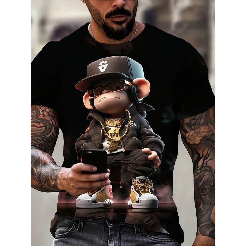 Summer Round Neck 3D Monkey Print Top Fashionable Casual Short Sleeved Men's T-shirts