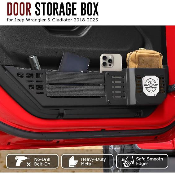 VEILS Front Door Storage Box for Jeep Wrangler JL JLU 4XE (2018-2025) & Gladiator JT (2020-2025) Accessories, Fits Manual/Power Seats, Heavy-Duty