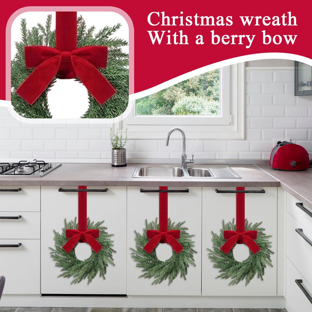 Christmas Kitchen Cabinet Wreaths With Plaid Bow Ribbon Hanging Cabinet Doors Wreaths Decorative For Kitchen Window Outdoor Indoor Holiday Decor
