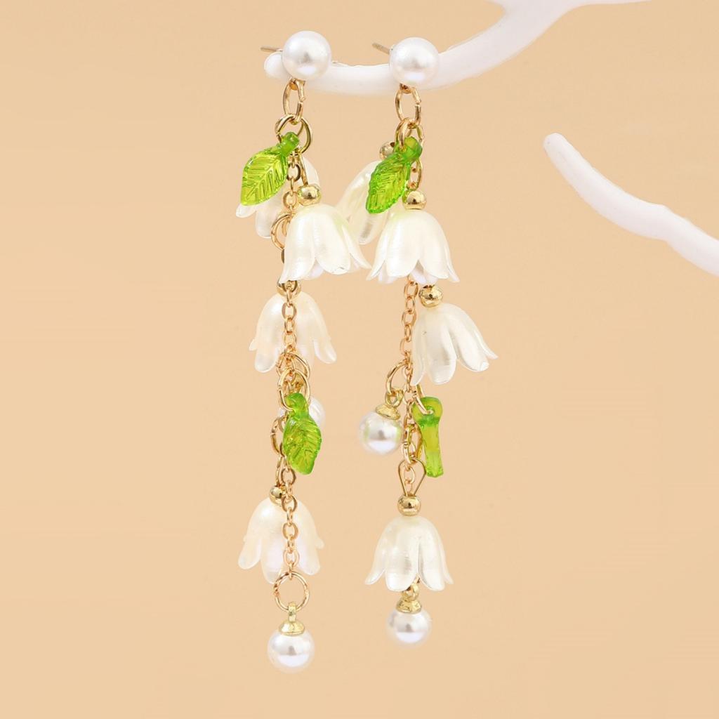 Maiglöckchen Ohrhänger mit Perlenfransen Romantischer Blumenschmuck für Party-Schmuck für Damen Elegante Lange Hängeohrringe