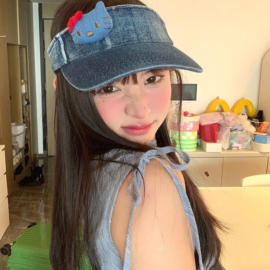 Stylish Adjustable Sun Hat With Cute Cartoon Cat Print Breathable Cap Denim
