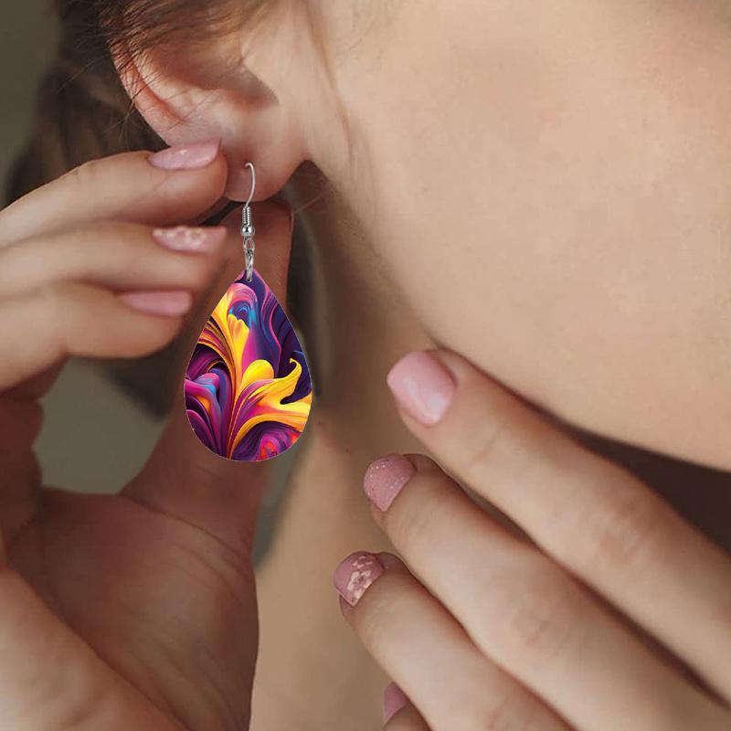 Fashion Color PU Faux Leather Earrings for Women Double-sided Print Abstract Flower Leather Pattern Tears Earrings Elegant Trendy Earrings Jewelry