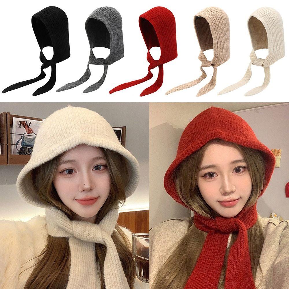 Fashionable Knitted Balaclava Hat Windproof Thicken Warm Pullover Cap Strap Bow Retro Beanies for Outdoor Cycling Skiing