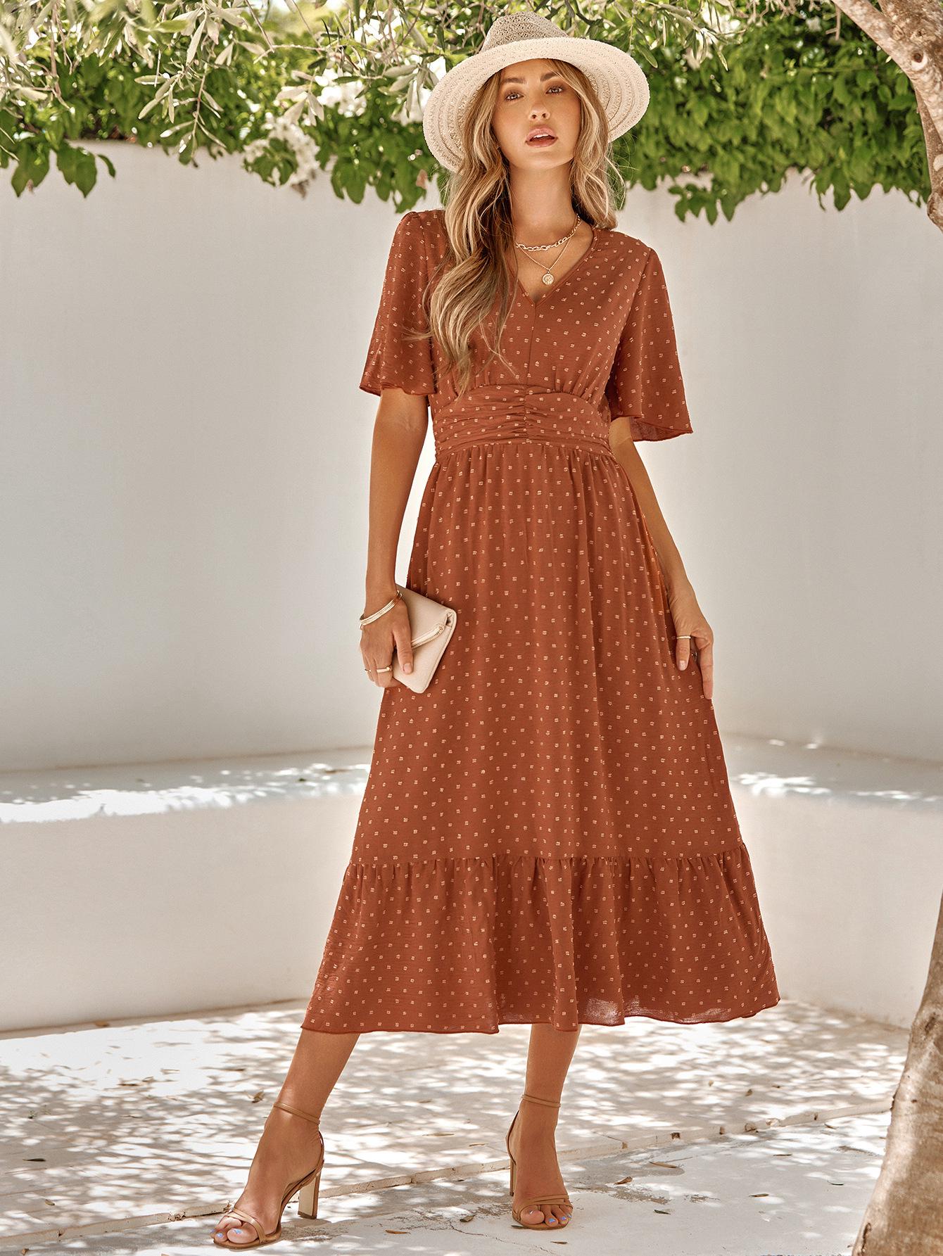 

2026 V-Neck Ruffle Sleeve Solid Color Summer Dress for Women - Casual European & American Style Small brick червоний колір