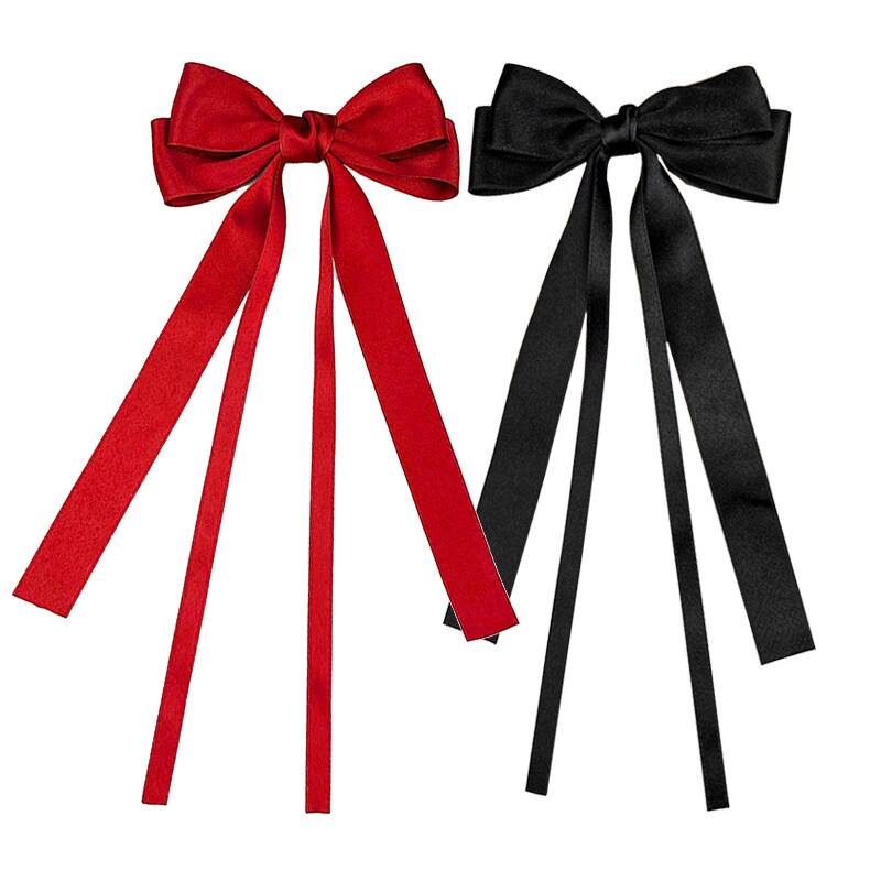 Vintage Solid Color Ribbon Double Bowknot Clip Pin For Women Girls Korean Big Bow Long Tassel Barrettes Hair Accessories