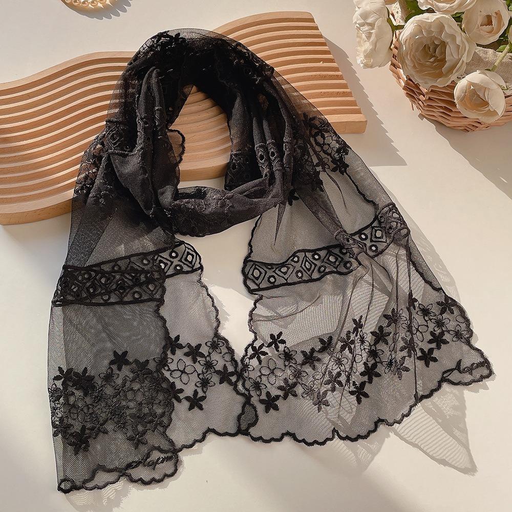 Solid Color Travel Sun Protection Scarf Embroidered Flower Decorative Shawl  for Women Girl чёрный