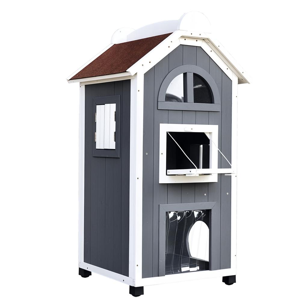 Outdoor Cat House 2-Story Cat House Made of Fir Wood, Weatherproof Cat Hut with Asphalt Roof, Gray, 59 X 55 X 109 Cm