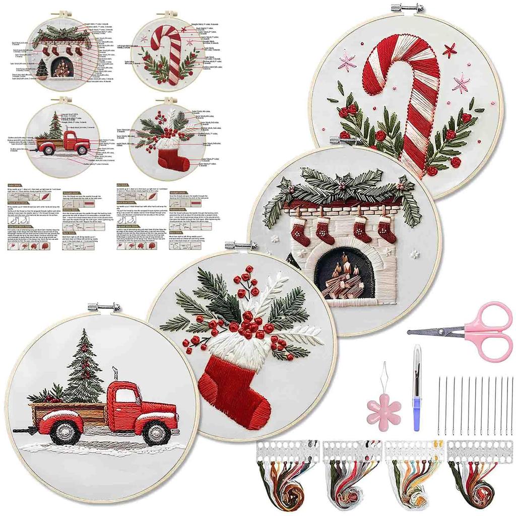 4 Sets Christmas Embroidery Kits with Pattern Needles Threads Tools Handmade Sewing Xmas Crafts Set for Adults Beginner
