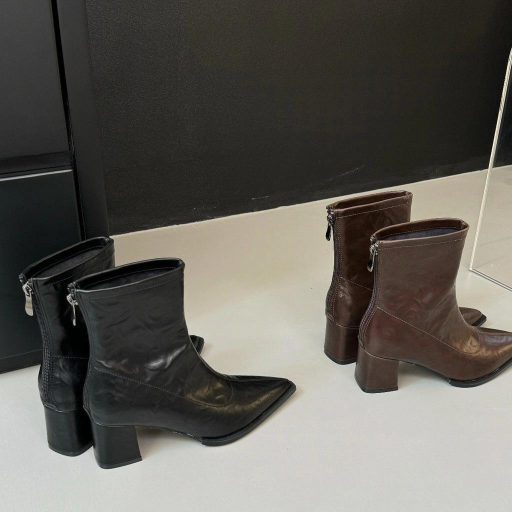 Autumn pointed head thick heel short boots women's high heel Martin boots short thin boots versatile fashion knight boots