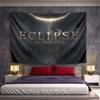 Dark celestial theme with glowing eclipse and golden text design. Patterned tapestry for bedroom and living room home decor
