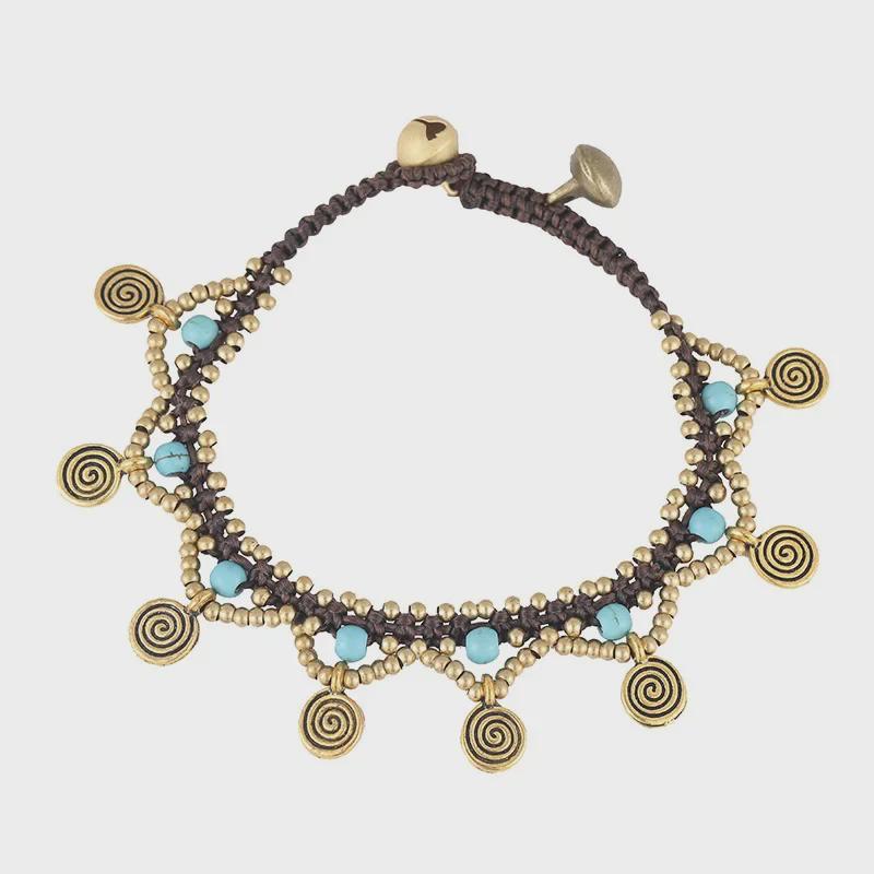 Boho Türkis-Kupfer Perlenarmband mit Wachskordel