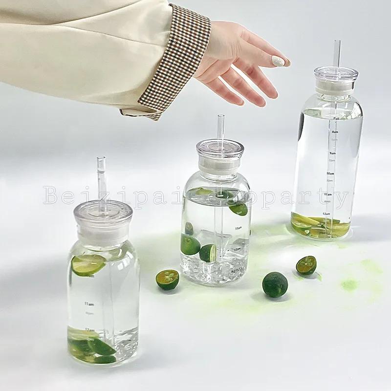450/750ml Large Glass Water Bottle with Straw 2 Lids Clear Kawaii Drinking Bottle Leakproof Cup for Woman Girl