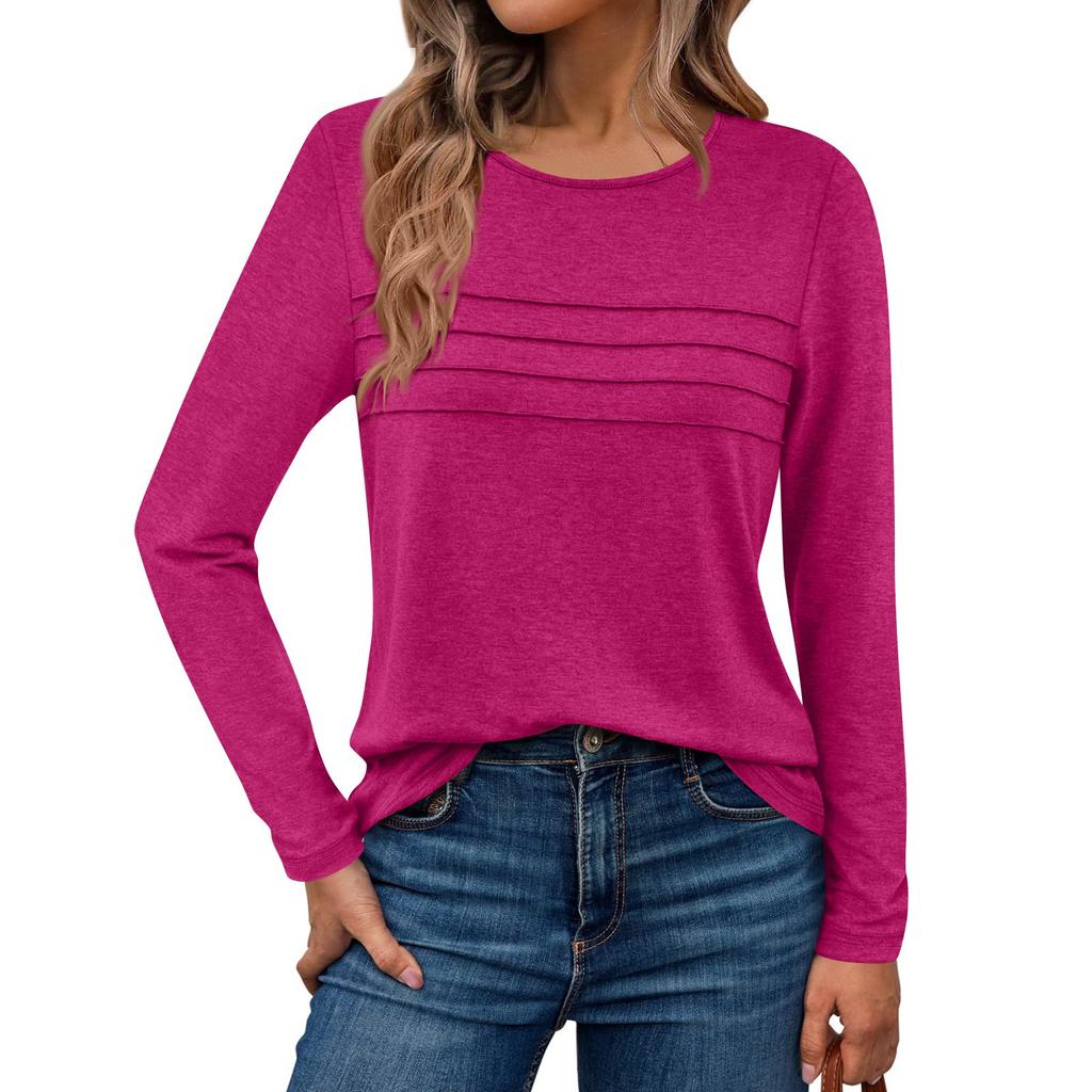 Long Sleeve Shirts For Women Pleated Color Casual Blouses Fashion Basic Round Tops