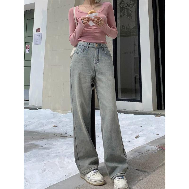 Women's High-Waisted Fleece-Lined Retro Light Blue Wide-Leg Jeans - Winter Slimming Straight Pants