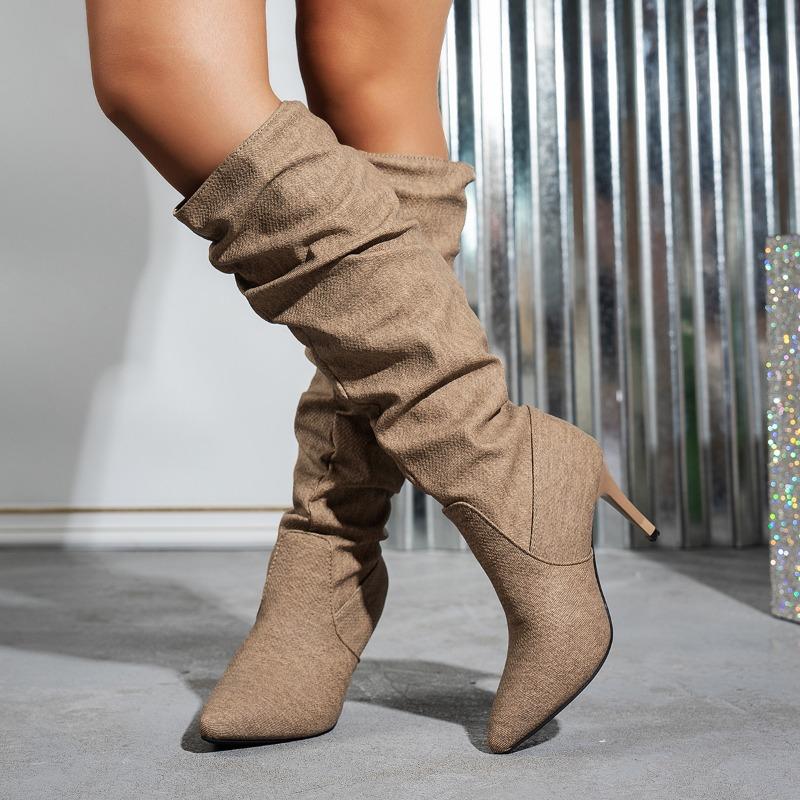 Women's Fall/Winter Plus Size Women's Boots Pleated Denim Stiletto Fashion Boots Rider Boots