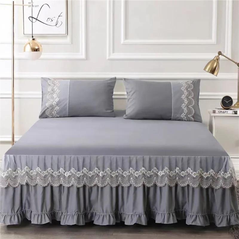 3pcs Bed Skirt Bedspread Pillowcase Ruffle Lace Anti Slip 1.8x2.0m Bed Cover Solid Colour Lace Mattress Dust Bedding Cover