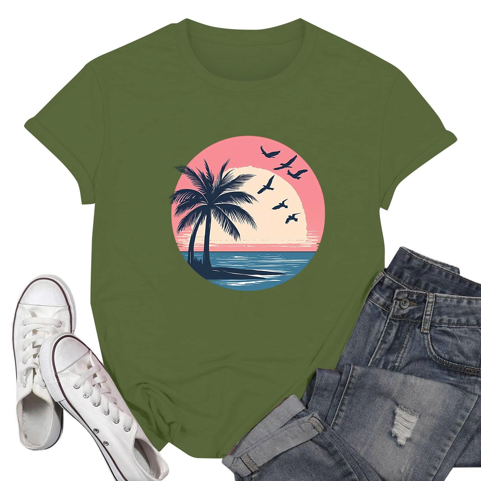 

Женские модные повседневные пуловеры с короткими рукавами и круглым вырезом с принтом L армия зеленый