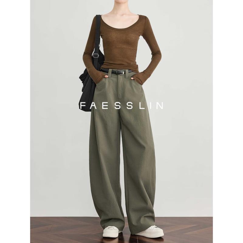 FAESSLIN Damen High-Waist Grüne Weitbeinige Bananenhose