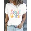 Women's Social Worker Graphic T-Shirt - Playful Pastel Floral & Geometric Print, Soft Stretch Crew Neck Casual Top, Breathable Short Sleeve Tee