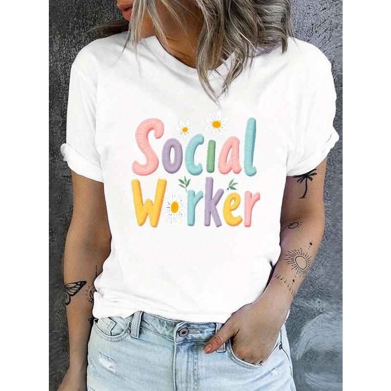 

Women s Social Worker Graphic T-Shirt - Playful Pastel Floral & Geometric Print, Soft Stretch Crew Neck Casual Top, Breathable Short Sleeve Tee S белый