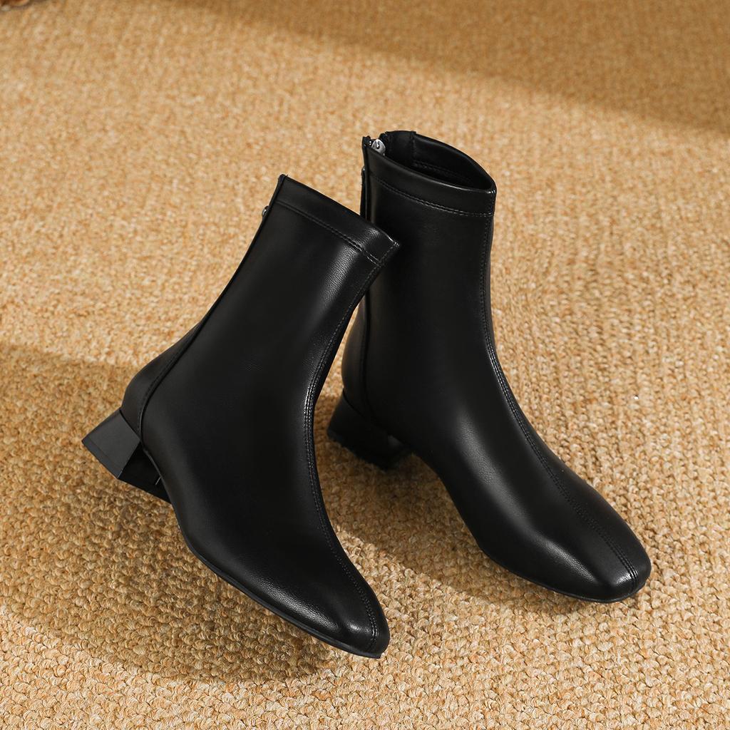 French Small Short Boots Women's Spring and Autumn Single Boots 2024 New Low-heeled Medium Boots Temperament Square Head Thick Heel Thin Boots