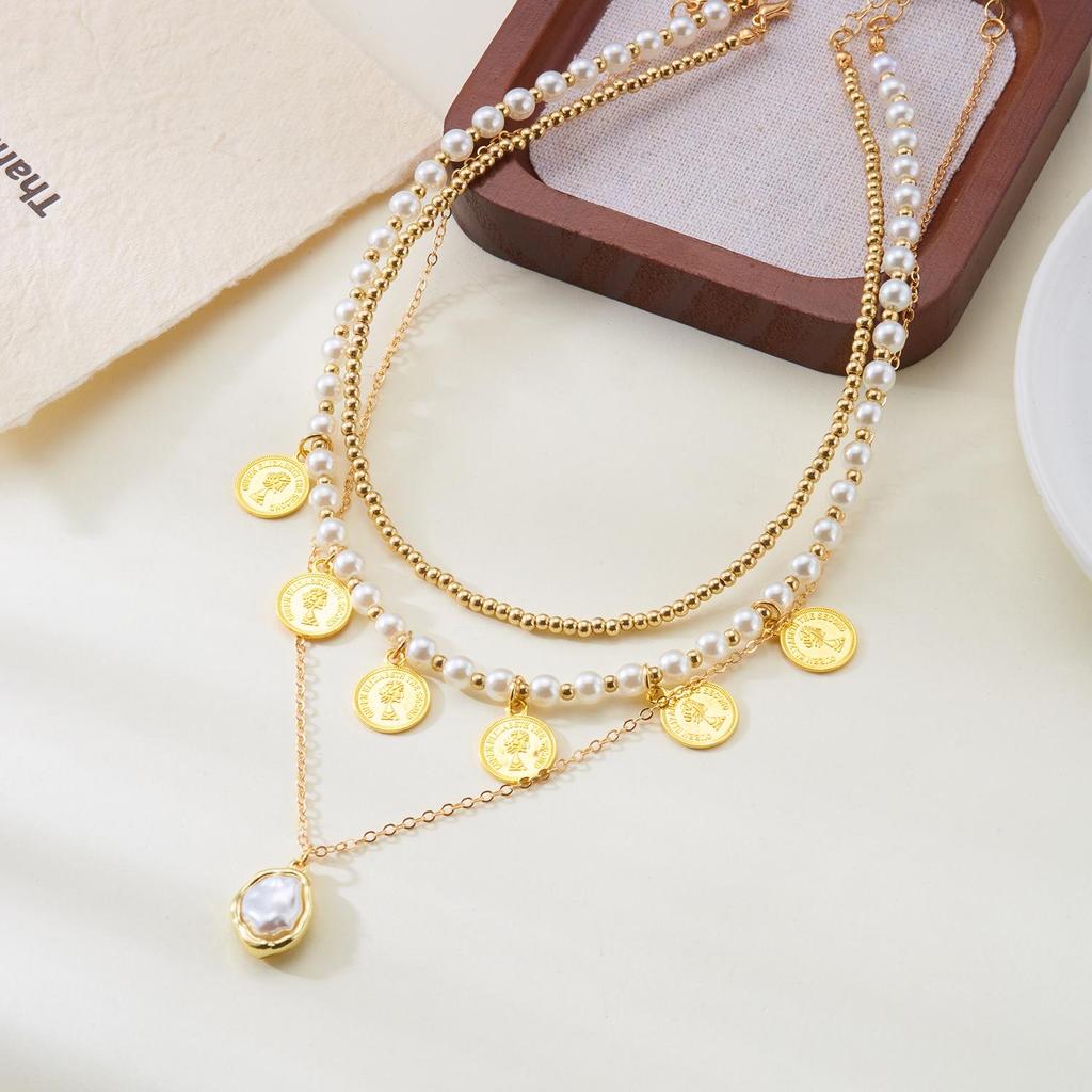 European & American Style Multi-layer Pearl Coin Necklace with Baroque Pendant and Clavicle Chain