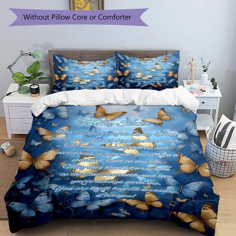 

3pcs Love and Butterflies To My Sister Print Cover Set Ultra Soft, Breathable, and Comfortable Bedding with Stylish Design for Bedroom and 135x200cm